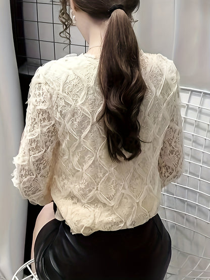 vlovelaw  Lace V Neck Button Front Blouse, Elegant Long Sleeve Blouse For Spring & Fall, Women's Clothing