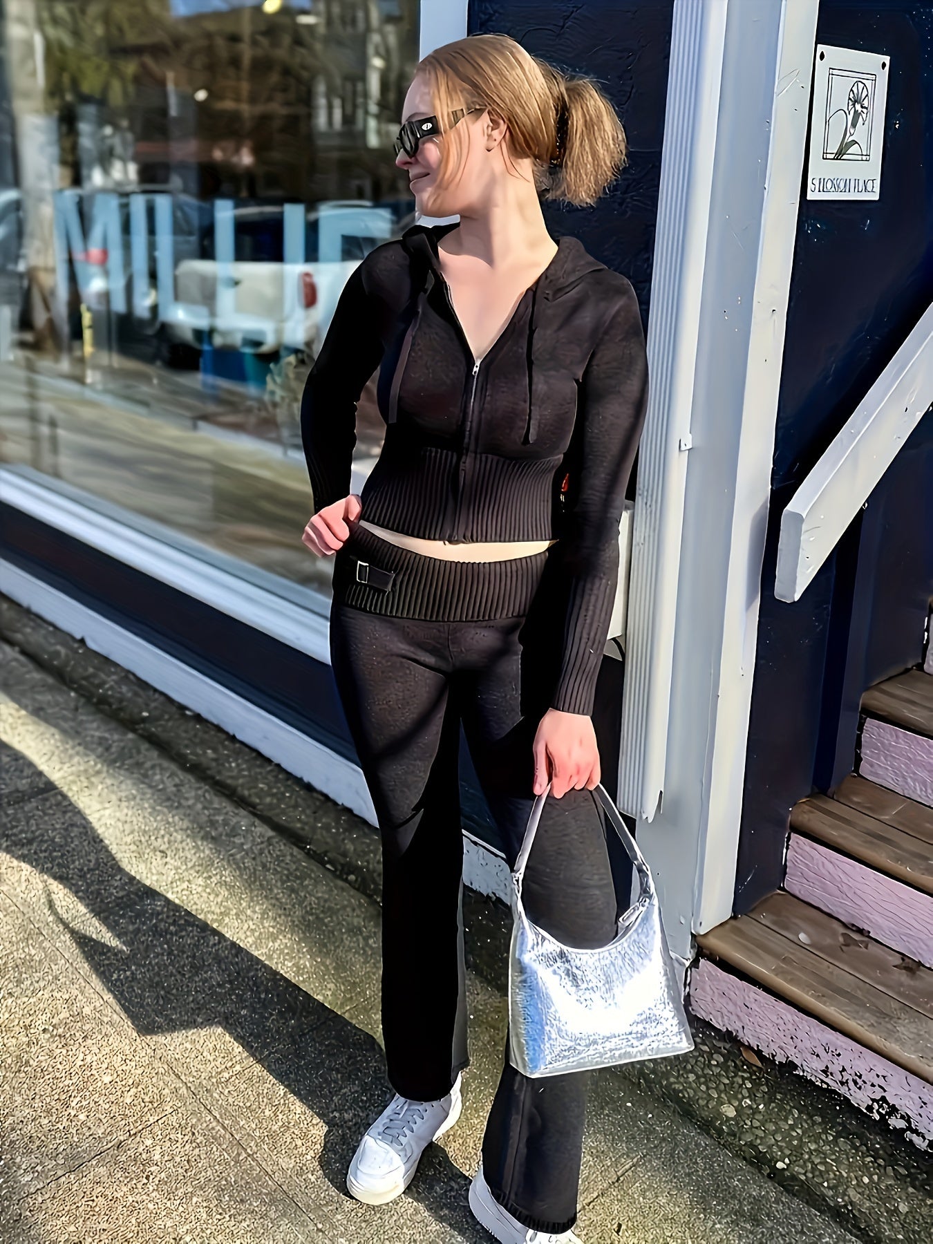 vlovelaw  Solid Knitted Casual Two-piece Set, Zip Up Hooded Crop Top & Pants Outfits, Women's Clothing
