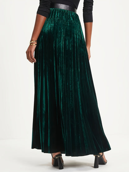 vlovelaw  Plus Size Retro Skirt, Women's Plus Solid Velvet Elastic High Rise Maxi Pleated Skirt