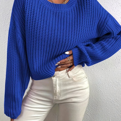 vlovelaw  Crew Neck Rib Knit Sweater, Casual Drop Shoulder Oversized Long Sleeve Loose Fall Winter Knit Sweater, Women's Clothing