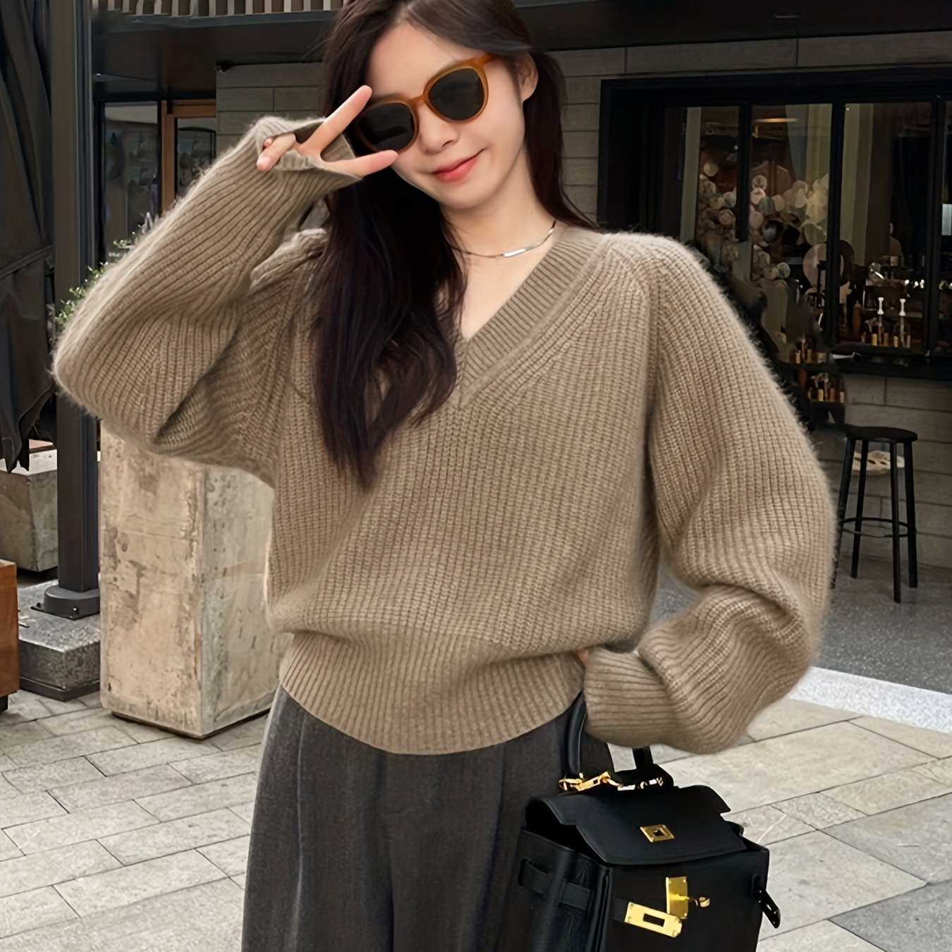 vlovelaw  Solid Knit Pullover Sweater, Casual V Neck Long Sleeve Sweater, Women's Clothing