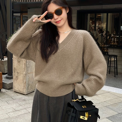 vlovelaw  Solid Knit Pullover Sweater, Casual V Neck Long Sleeve Sweater, Women's Clothing