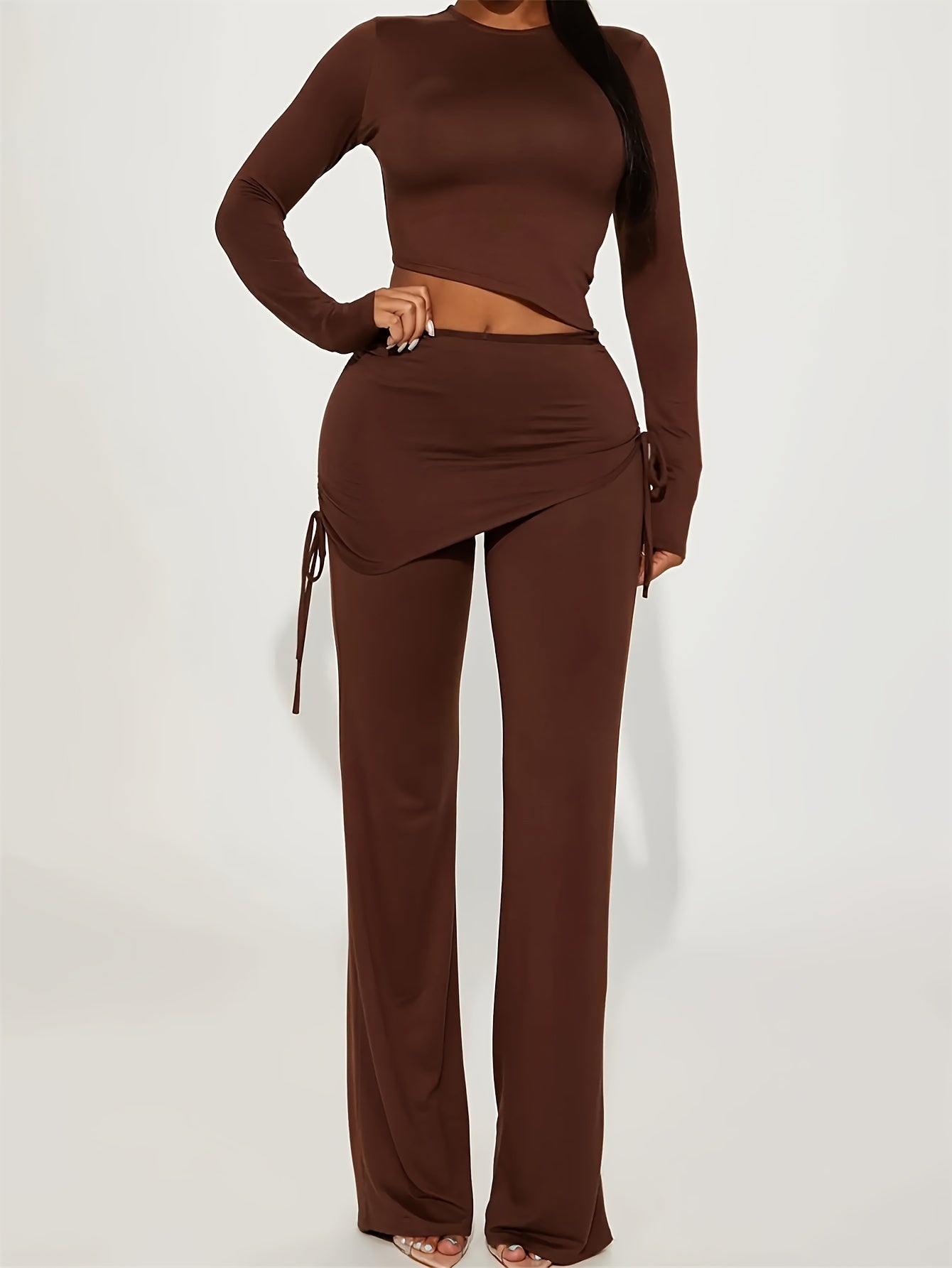 vlovelaw  Casual Solid Two-piece Set, Long Sleeve Asymmetrical Top & Straight Leg Pants Outfits, Women's Clothing