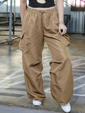 vlovelaw Plus Size Casual Pants, Women's Plus Solid Elastic Drawstring High Rise Loose Parachute Cargo Pants With Pockets