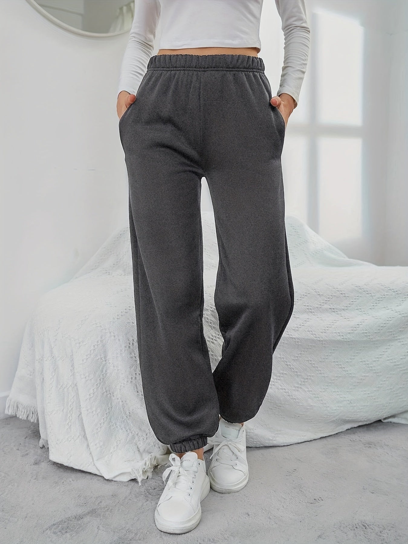 vlovelaw  Solid Versatile Pants, Casual Elastic Waist Jogger Pants, Women's Clothing