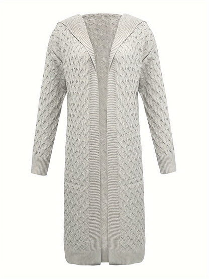 Solid Open Front Hooded Cardigan, Casual Long Sleeve Long Length Sweater For Fall & Winter, Women's Clothing