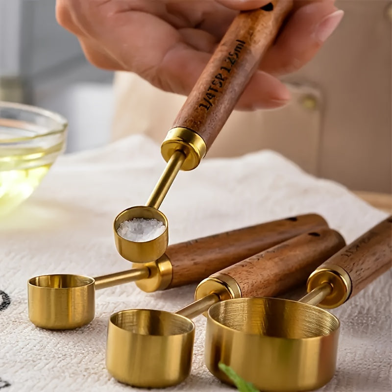8pcs Set Stainless Steel Measuring Cups And Spoons With Acacia Wood Handles, Durable Kitchen Baking Tools, Includes Spice Spoon & Coffee Scoop, Nesting Design For Easy Storage