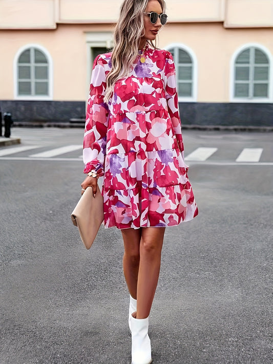vlovelaw Floral Print Ruffle Hem Tiered Dress, Casual Lantern Sleeve Dress For Spring & Fall, Women's Clothing