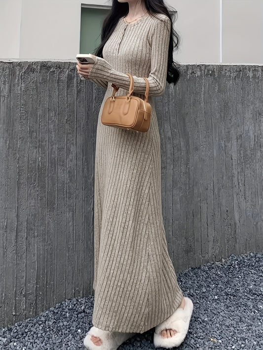 vlovelaw Button Front Lapel Neck Ribbed Dress, Chic Solid Color Long Sleeve Dress For Fall & Winter, Women's Clothing