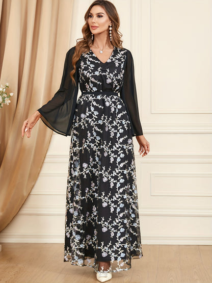 Floral Pattern Kaftan Maxi Dress, Elegant V Neck Long Sleeve Dress, Women's Clothing
