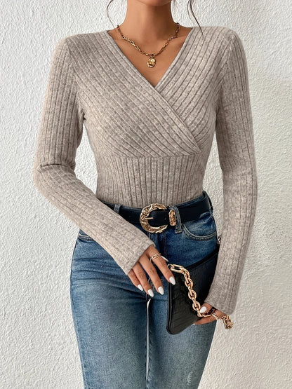 vlovelaw  Ribbed Surplice Neck T-Shirt, Casual Long Sleeve Top For Spring & Fall, Women's Clothing