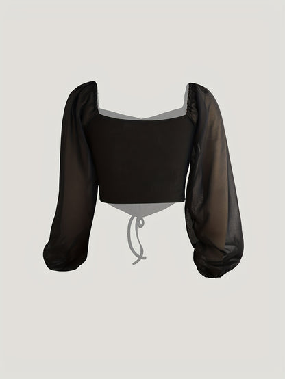 vlovelaw  Sweetheart Neck Lantern Sleeve Top, Elegant Drawstring Ruched Crop T-Shirt, Women's Clothing