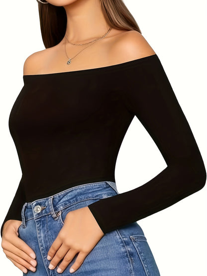 vlovelaw  Off Shoulder Skinny Bodysuit, Solid Long Sleeve Bodysuit, Women's Clothing
