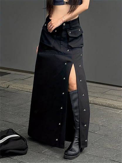 vlovelaw  Studded Flap Pocket Split Cargo Skirt, Y2K High Waist Loose Maxi Skirt, Women's Clothing