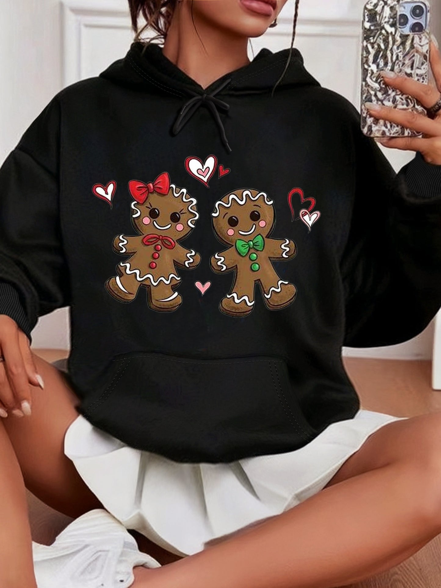 Festive Gingerbread Man Design Hoodie - Soft Casual Long Sleeve Kangaroo Pocket Sweatshirt with Relaxed Fit, Women's Cozy Winter Clothing for Holiday Season