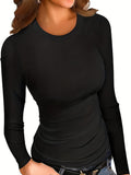 vlovelaw Solid Ribbed Long Sleeve Skinny T-shirt, Versatile Crew Neck Slim Top, Women's Clothing