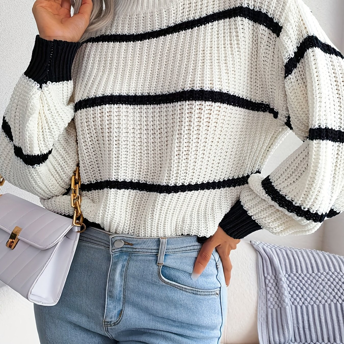 vlovelaw Striped Color Block Crew Neck Sweater, Casual Long Sleeve Loose Fall Winter Knit Sweater, Women's Clothing