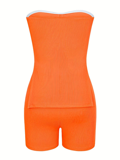 vlovelaw  Sexy Matching Two-piece Set, Side Split Tube Top & Skinny Shorts Outfits, Women's Clothing