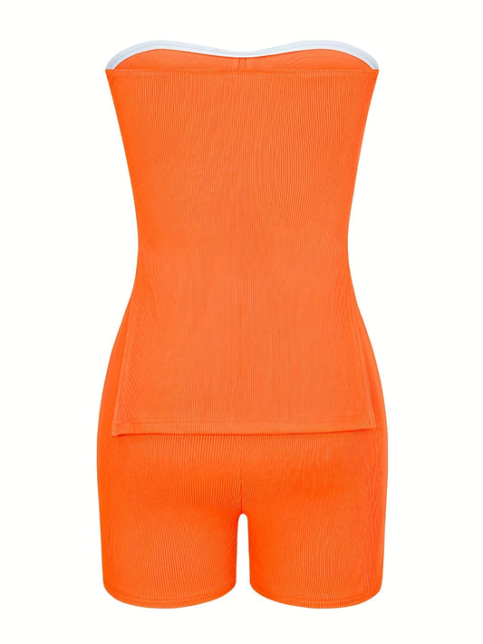 vlovelaw  Sexy Matching Two-piece Set, Side Split Tube Top & Skinny Shorts Outfits, Women's Clothing