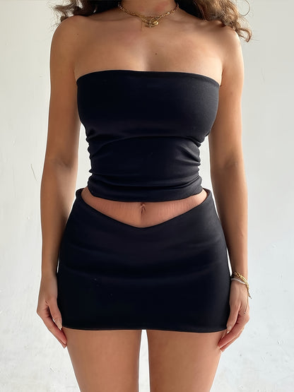 vlovelaw  Solid Ruched Two-piece Skirt Set, Off Shoulder Rube Top & Mini Skirt Outfits, Women's Clothing