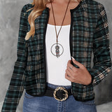 Plaid Print Crew Neck Long Sleeve Crop Jacket, Casual Loose Comfy Stylish Open Front Outerwear, Women's Clothing