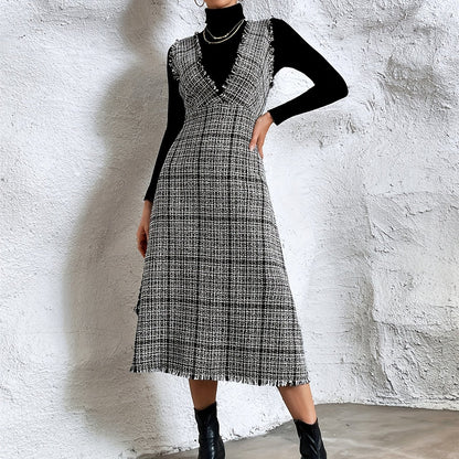 vlovelaw Plaid Print Raw Trim Overall Dress, Sleeveless V-neck Elegant Dress, Women's Clothing