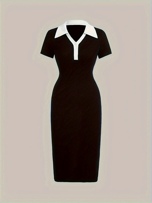 vlovelaw  Color Block V Neck Collared Dress, Elegant Short Sleeve Midi Dress For Spring & Summer, Women's Clothing