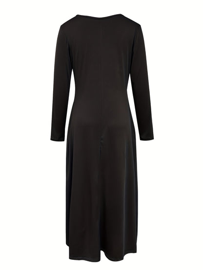 vlovelaw  Solid Pocket Crew Neck Dress, Casual Long Sleeve Dress For Spring & Fall, Women's Clothing