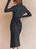 vlovelaw  Button Front Long Sleeve Split  Dress, Casual Tie-waist Lapel Dress For Spring & Fall, Women's Clothing