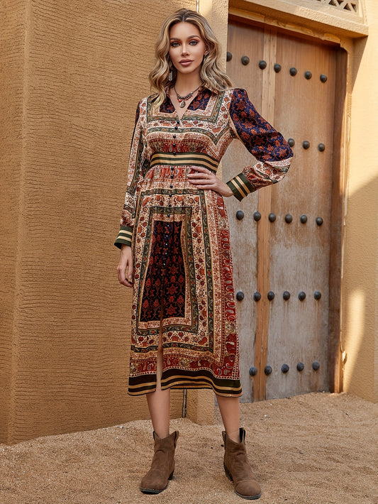 vlovelaw Boho Allover Print Button Detail Dress, Vintage V Neck Long Sleeve Dress For Spring & Fall, Women's Clothing