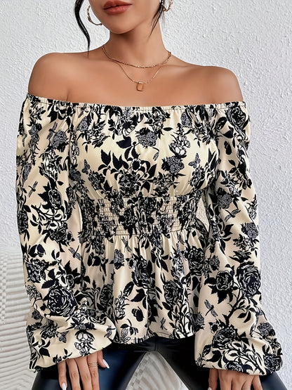 vlovelaw  Floral Print Square Neck Blouse, Elegant Long Sleeve Shirred Blouse For Spring & Fall, Women's Clothing
