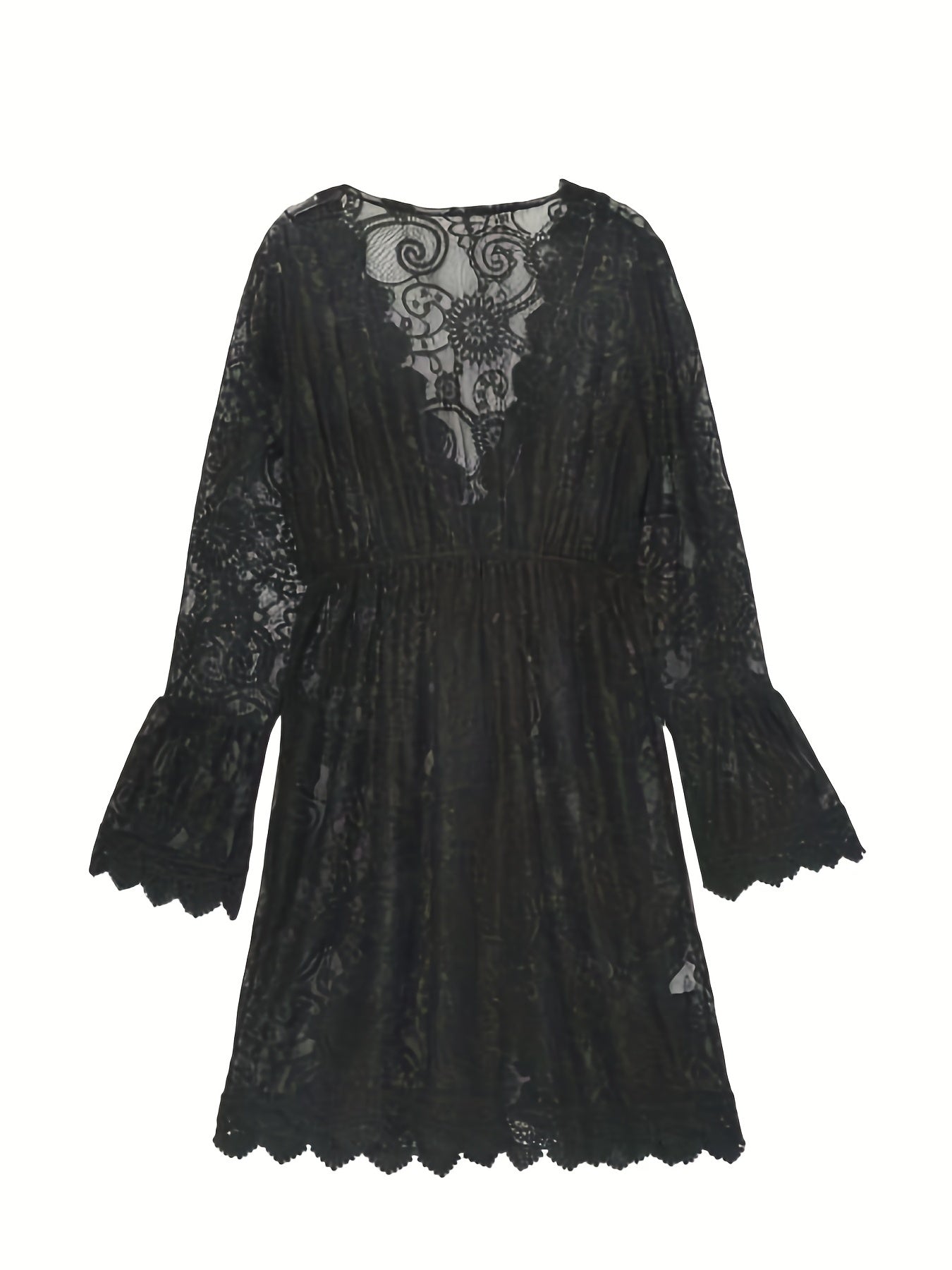 vlovelaw  Plunging V-neck Scallop Trim Lace Dress, Sexy Beach Wear Cover Up Dress, Women's Clothing
