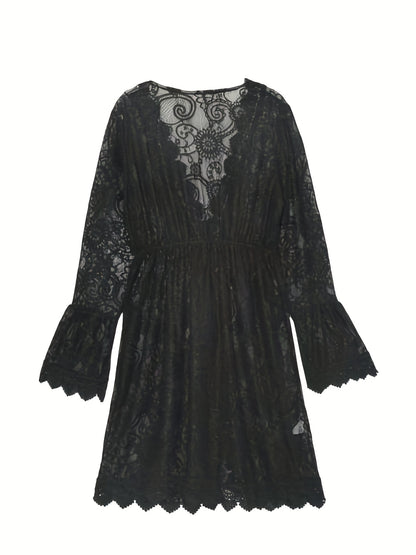 vlovelaw  Plunging V-neck Scallop Trim Lace Dress, Sexy Beach Wear Cover Up Dress, Women's Clothing