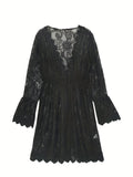 vlovelaw  Plunging V-neck Scallop Trim Lace Dress, Sexy Beach Wear Cover Up Dress, Women's Clothing