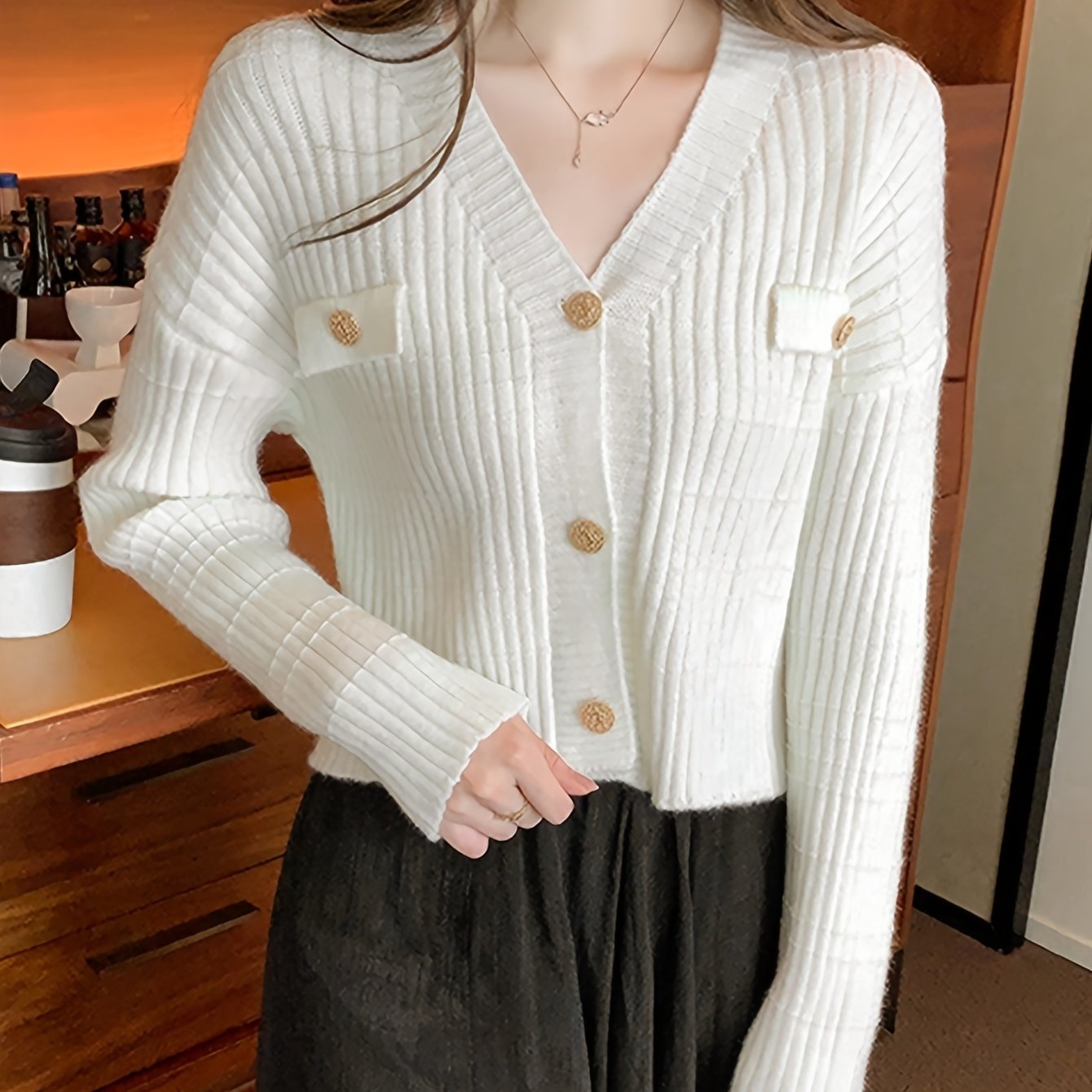Solid Button Rib Knit Cardigan, Casual Long Sleeve Slim Crop Sweater, Women's Clothing