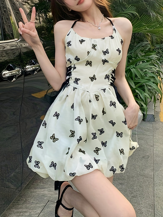 vlovelaw  Butterfly Pattern Tie Side Halter Dress, Casual Sleeveless Backless Waist Dress, Women's Clothing