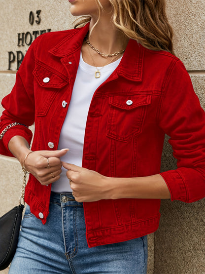 Long Sleeves Denim Coats, Single-Breasted Button Flap Pockets Lapel Denim Jackets, Women's Denim Clothing