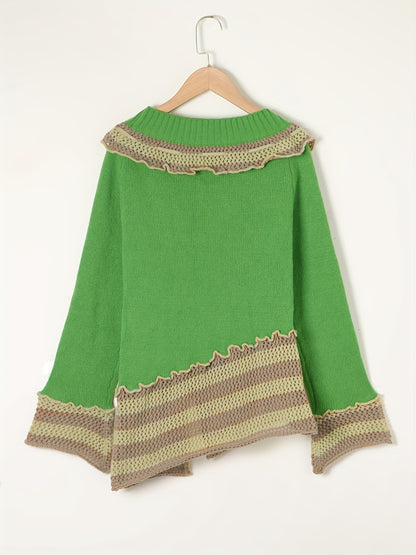 vlovelaw  Striped Lettuce Trim Slim Sweater, Casual Long Sleeve Sweater For Spring & Fall, Women's Clothing