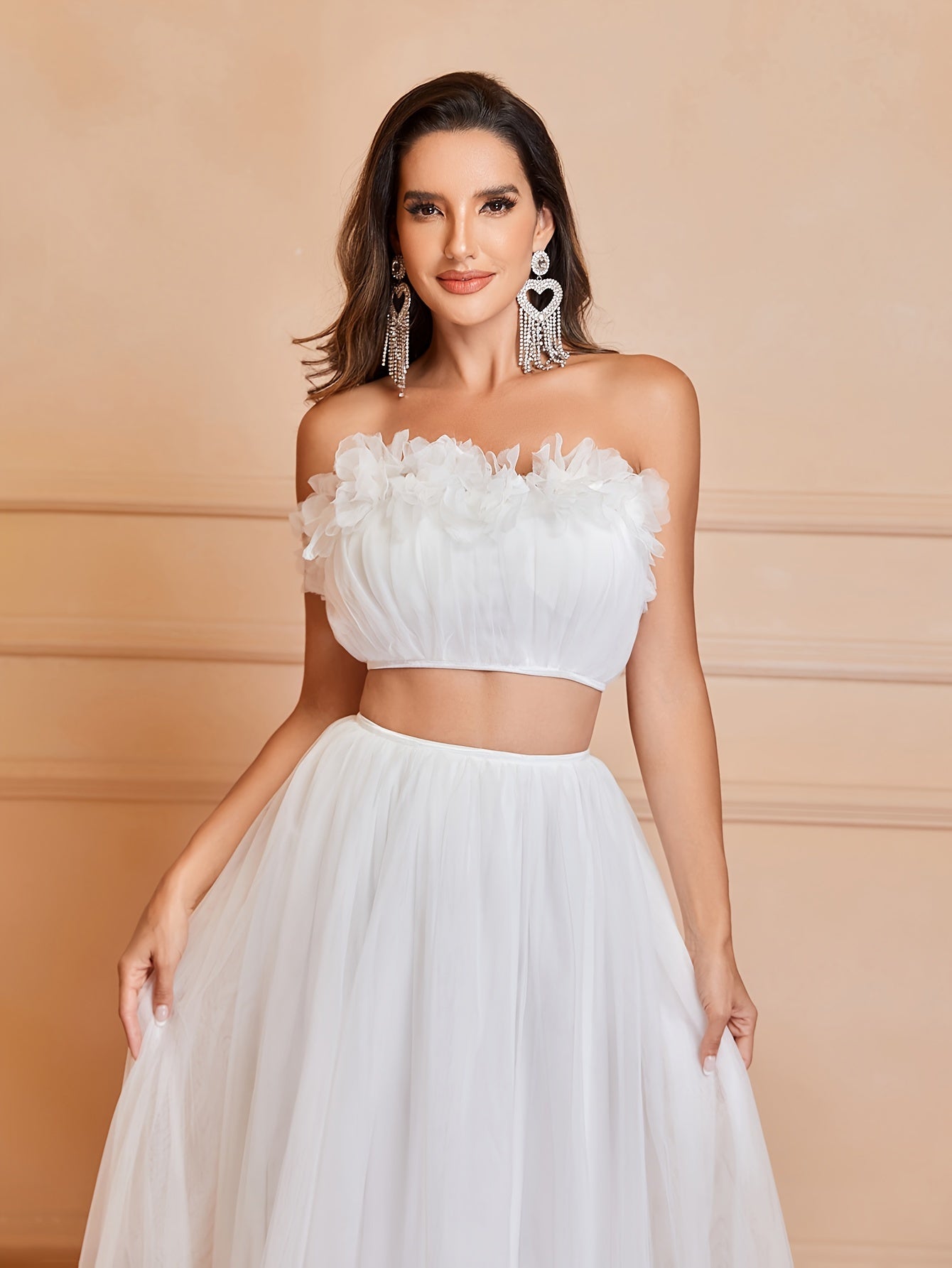 vlovelaw  Mesh Ruffle Trim Matching Two-piece Skirt Set, Elegant Crop Sleeveless Tube Top & High Waist Loose Skirt Outfits, Women's Clothing