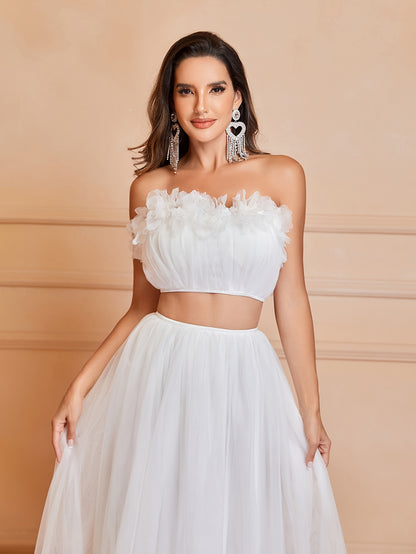 vlovelaw  Mesh Ruffle Trim Matching Two-piece Skirt Set, Elegant Crop Sleeveless Tube Top & High Waist Loose Skirt Outfits, Women's Clothing