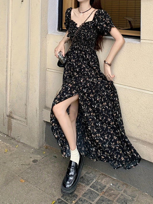 vlovelaw  Ditsy Floral Print Split Dress, Elegant Short Sleeve High Waist Maxi Dress, Women's Clothing