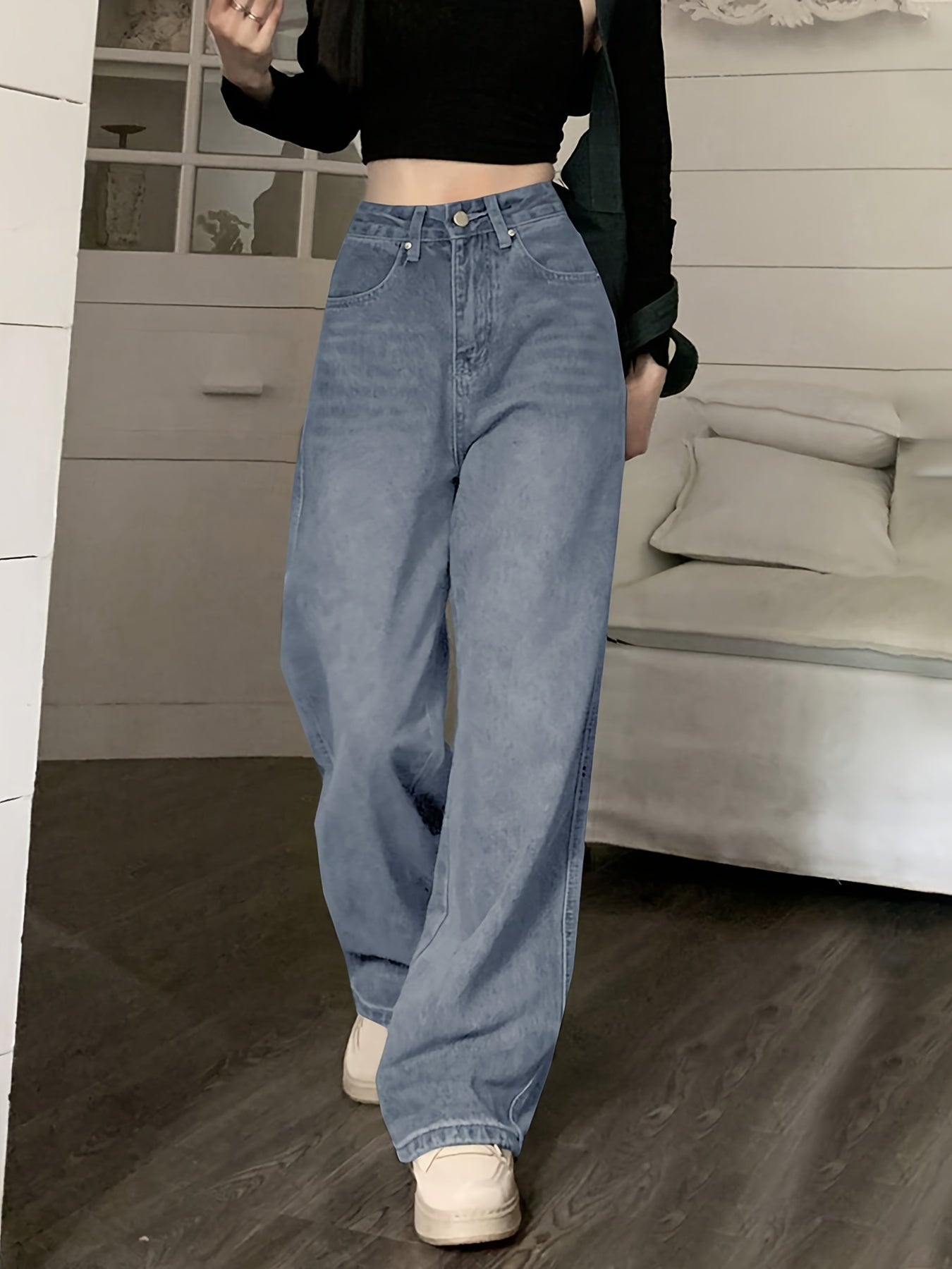 vlovelaw  High Waist Washed Wide Leg Jeans, Slant Pocket Loose Vintage Baggy Jeans, Women's Denim Jeans & Clothing