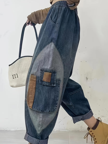 vlovelaw Elastic Waist Versatile Harem Denim Jeans, Loose Fit Slant Pockets Straight Jeans, Women's Denim Jeans & Clothing