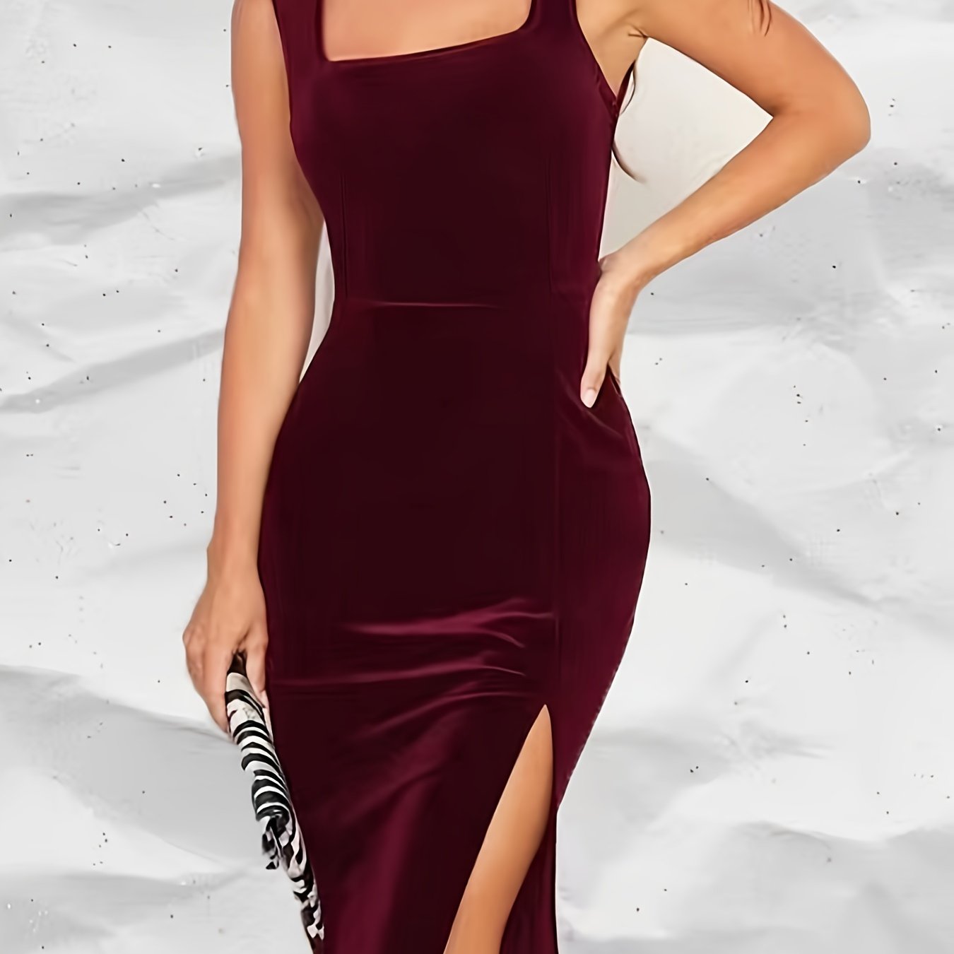 Solid Split Hem Bodycon Velvet Dress, Sleeveless Square Neck Elegant Dress, Women's Clothing
