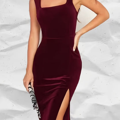 Solid Split Hem Bodycon Velvet Dress, Sleeveless Square Neck Elegant Dress, Women's Clothing