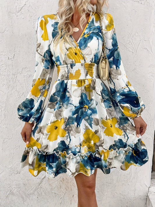 vlovelaw  Floral Print V Neck Dress, Elegant Long Sleeve Elastic Waist Dress, Women's Clothing