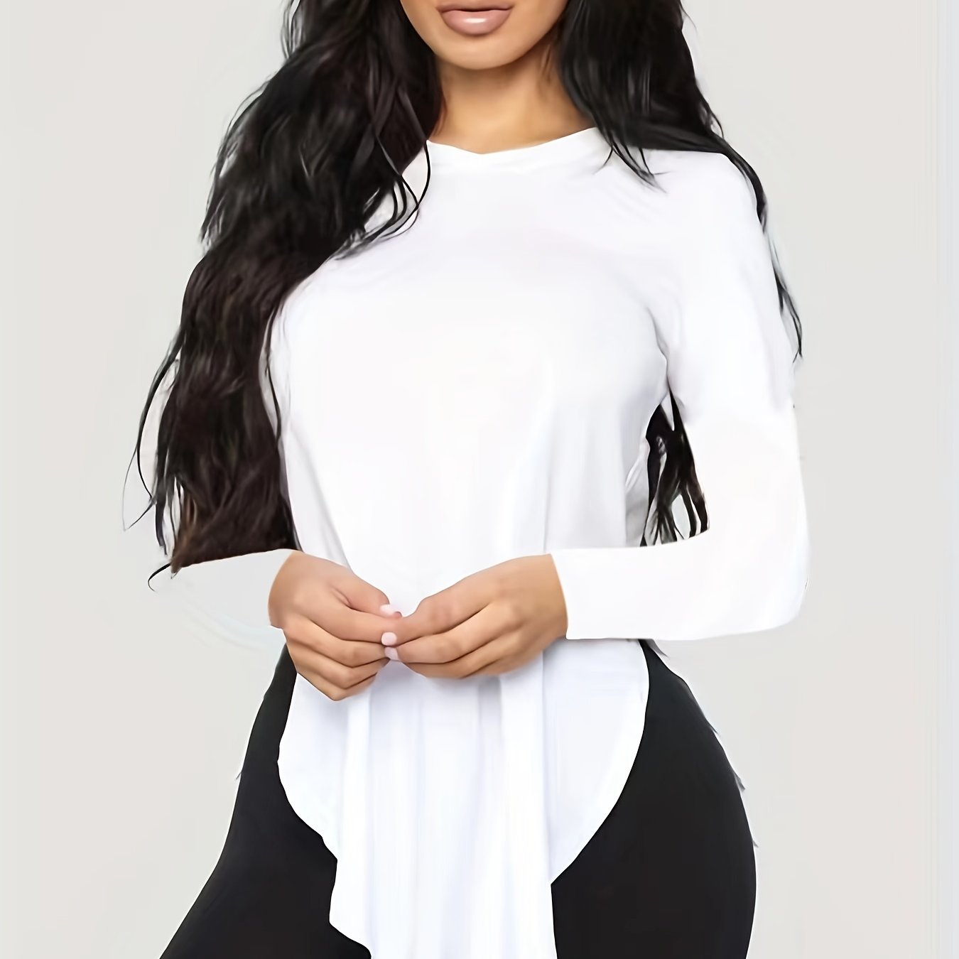 vlovelaw Solid Curved Hem Crew Neck T-Shirt, Casual Long Sleeve Top For Spring & Fall, Women's Clothing