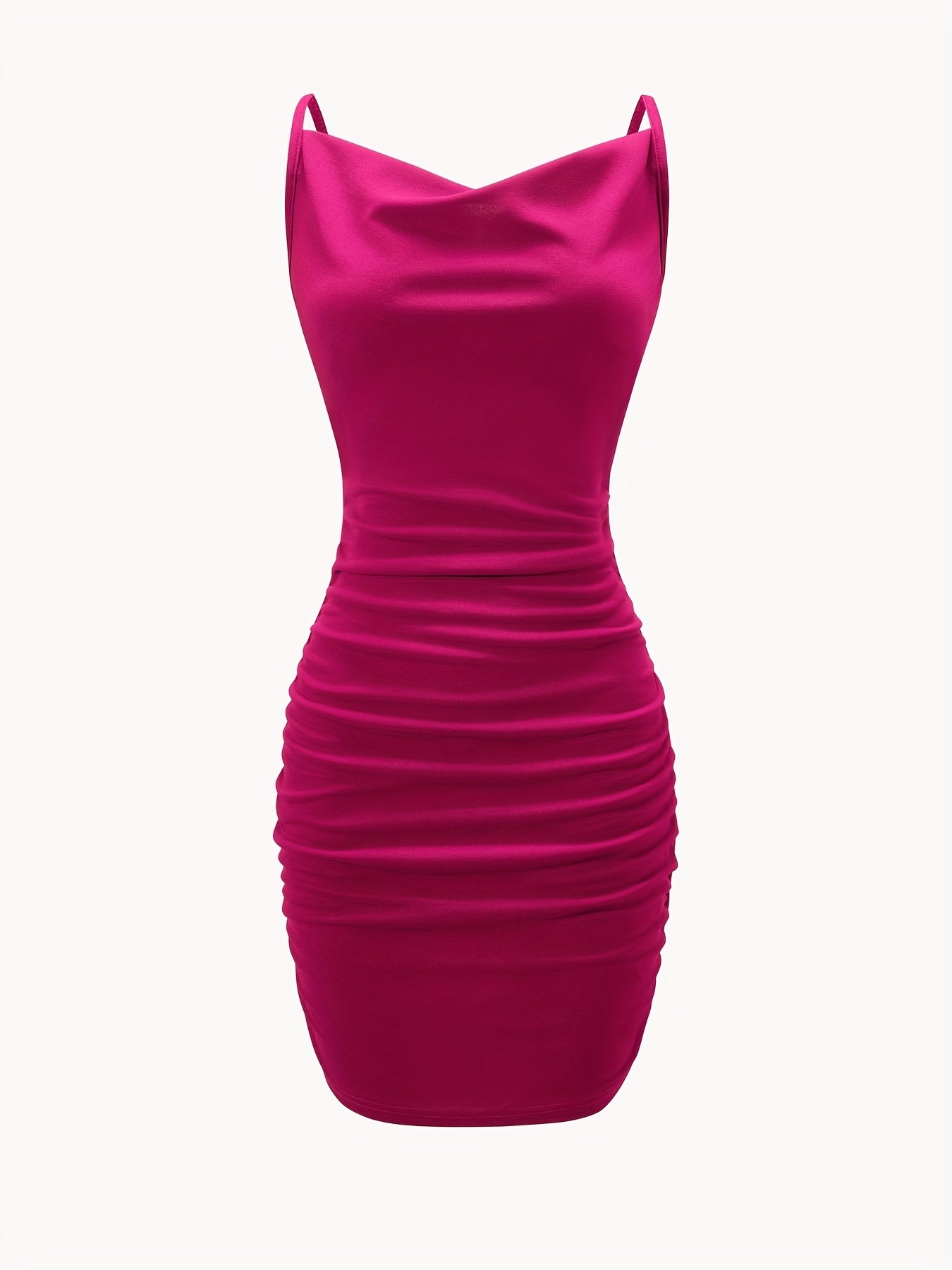 vlovelaw  Solid Cowl Neck Mini Dress, Ruched Side Body Con Cami Dress , Women's Clothings