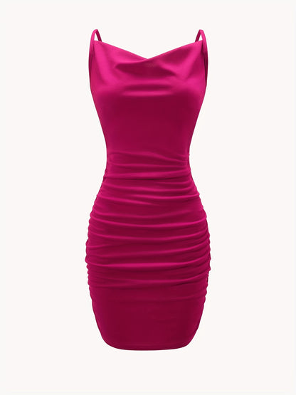 vlovelaw  Solid Cowl Neck Mini Dress, Ruched Side Body Con Cami Dress , Women's Clothings