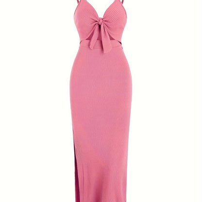 vlovelaw Sexy Spaghetti Strap Ribbed Knot Cutout Side Split Maxi Dress, Solid Body-Con Dress For Spring & Fall, Women's Clothing